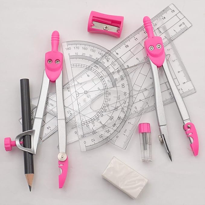 Geometry Set Maths Compasses for Grade Students Back to School Supplies with Compasses Protractor in Carry Case, Pink