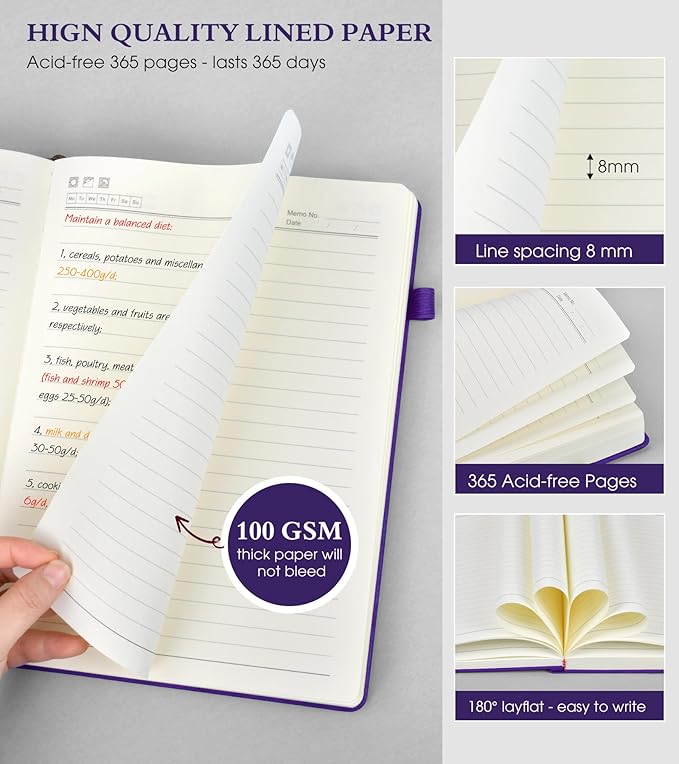 B5 Lined Journal Notebook - 365 Page Large Leather Journals for Writing Women Men，Hardcover Notebook with 100Gsm Thick Pages，Daily Diary for Travel, Work，School，College Ruled (7.6" x 10.3")