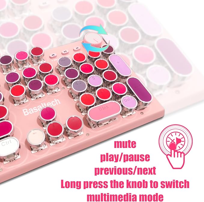 Basaltech Pink Keyboard Typewriter Style with White LED Backlight,Vintage Mechanical Gaming Keyboards with Lipstick Round Keycaps, Blue Switches 104-Keys Wired Keyboard Metal Panel for Laptop/pc