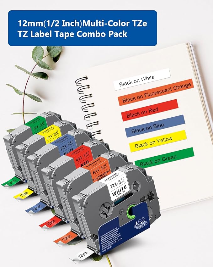 6-Pack TZ Tape 12mm 0.47 Laminated Compatible for P Touch Label Tape TZ TZe-B31 231 131 431 531 631 TZe231 for PTouch PT-H110 D210 D220 H103W, Flu.Orange/White/Red/Blue/Yellow/Green
