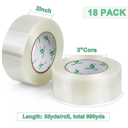 BOMEI PACK 18PACK Fiber Reinforced Packing Tape, 5.5Mil 2Inx 55Yds, Heavy Duty Strapping Tape 2inch