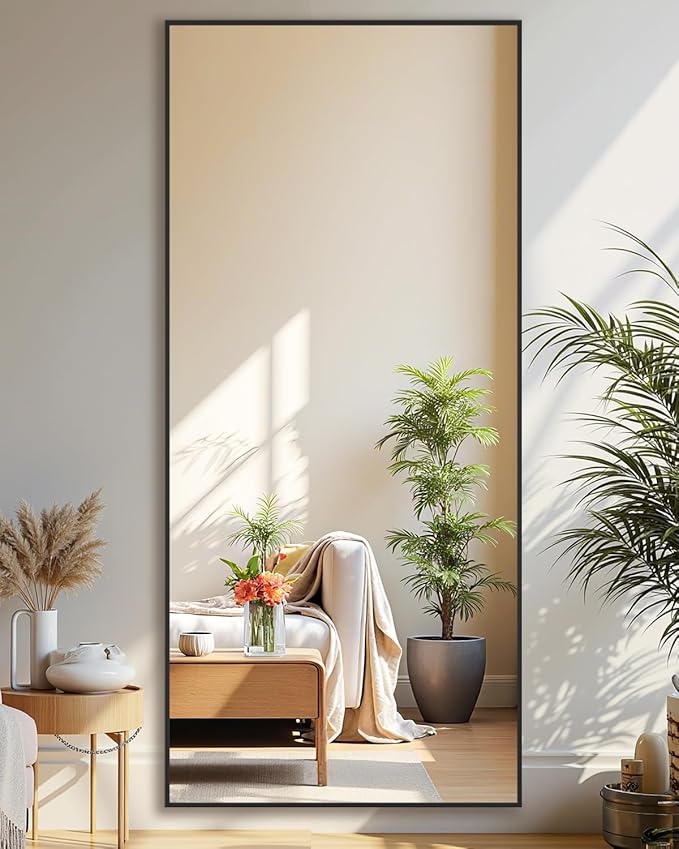 Full-Length Floor Mirror with Stand, 58"x21" Rectangle Style Full Body Standing Mirror for Bedroom, Living Room, Gym, Dorm - Shatter-Resistant & Easy Assembly, Black