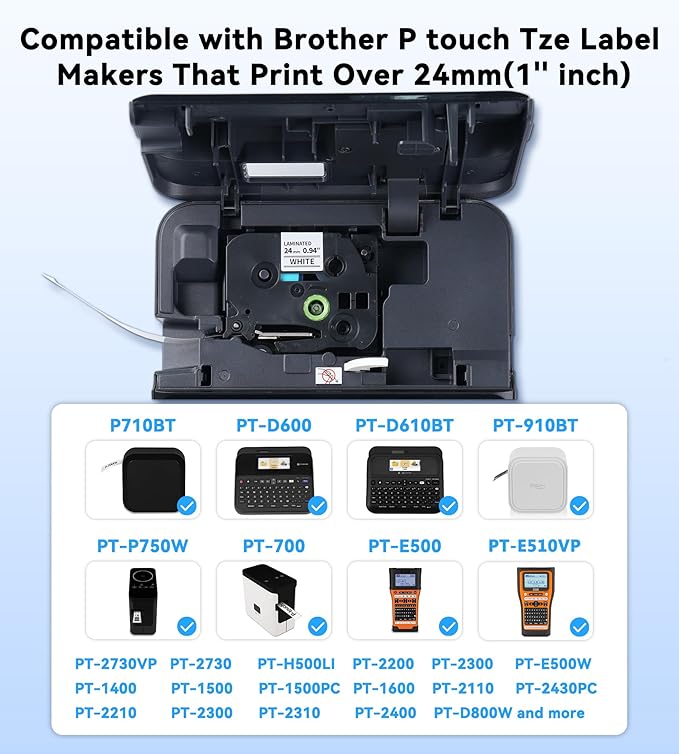Compatible with P Touch TZe TZ 24mm 0.94'' Laminated Tape Compatible for Brother Label Maker Tape 1 inch PT-D600, PT-D610BT, PTP750W, PT-P710BT, Black on White/Yellow/Red/Green/Blue, 5-Pack