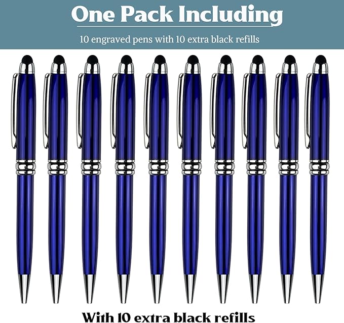 Ancolo Personalized retractable pens with Stylus tip stylish pens - Engraved with Your Name or Message, Phone Number Black ink Perfect for Bank, Office, Hotel Lobbies 10 Pens/Box