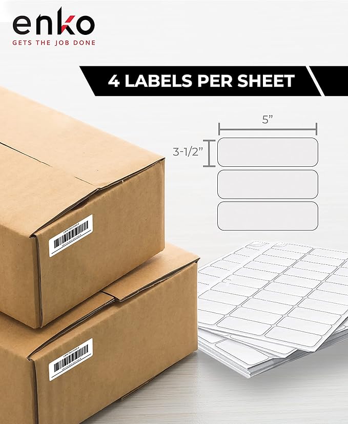 enKo - 3-1/2 x 5 Inch Label - White Blank - 4 Up Per Sheet Shipping Address Mailing Labels for Laser Inkjet Printer (900 Sheets, 3600 Labels)