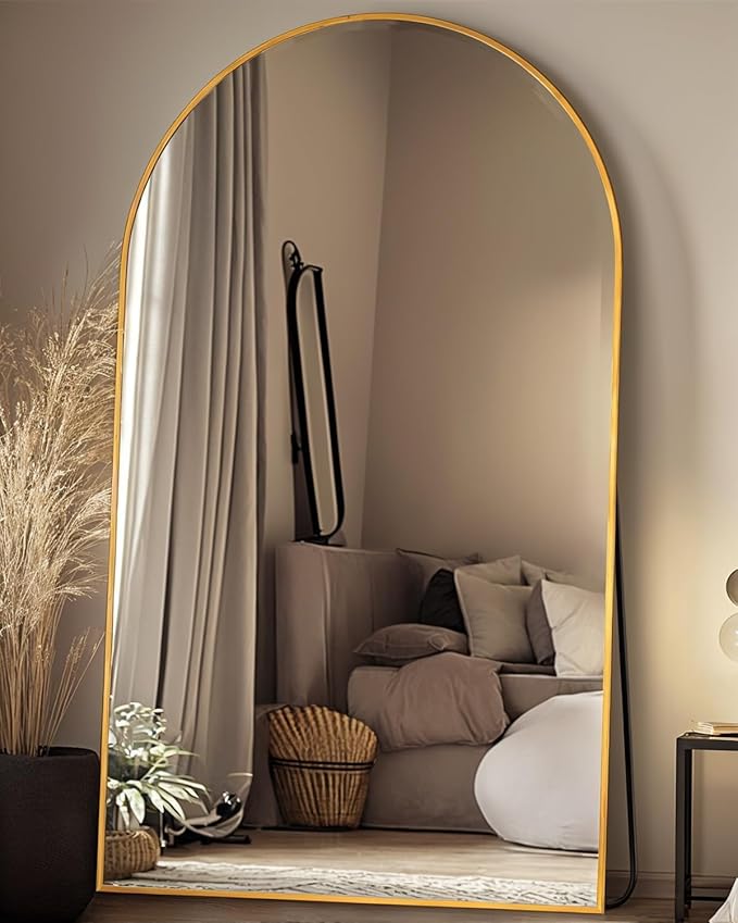 Full Length Mirror, 91"x46" Oversized Floor Mirror Freestanding, Full Body Floor Standing Mirrors with Stand, Hanging Mounted for Bedroom Living Room, Gold, Arched Style