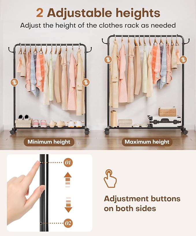 Homde Heavy Duty Clothes Rack: 120lb Standing Garment Storage for Indoor - Rolling Hanging Rod for Bedroom Laundry Room - Coat Dress Organizer on Wheels with luggage shelf (Black，46")