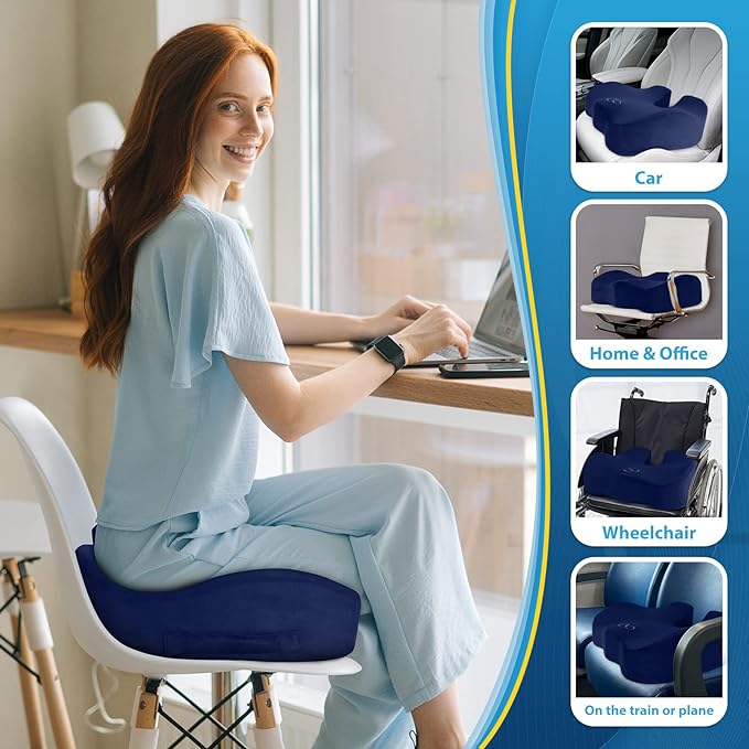 BlissTrends Seat Cushion,5.2in Thick Memory Foam Cushions for Office Chair, Car Seat, Airplane, Relieving Pressure Tailbone Sciatica Back Pain for Long Sitting Office Workers, Car Drivers Blue