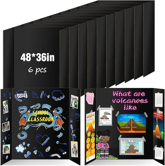 6 Pack Trifold Poster Board 48" X 36", IKAYAS Double Sided Black Poster Boards, Science Fair Display Boards Posterboard Foamboard for Mounting, Prints,Art,Display,Projects Classroom Supplies