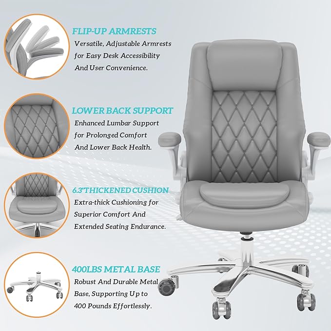 GYI O205P High Back Executive Office Chair, Big and Tall Office Chair 400LBS with Rubber Wheels,Ergonomic Adjustable Computer Desk Chairs with Padded Flip-up Armrests,Lumbar Support (Grey)
