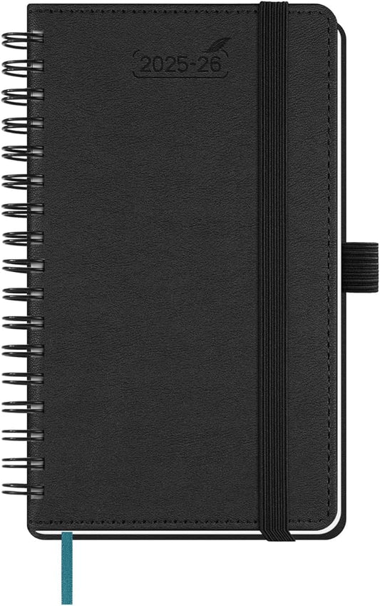 BEZEND Pocket Planner 2025-2026 Weekly and Monthly, 3.5" x 6" Academic Planner (Jul 25-Dec 26) 18-Month Mid-Year Calendar Book, Storage Pocket, Pen Holder, PU Leather Softcover, Spiral - Black