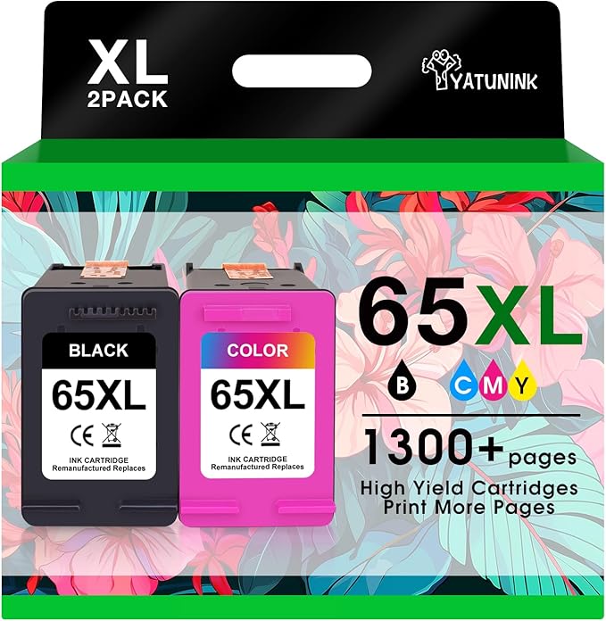 65XL 65 Ink Cartridges Black/Color Combo Pack Compatible for HP Ink 65 Works with Envy 5052 5055 5070 deskje 2600 2622 2652 2655 3700 3755 3772 (1 Black, 1 Color) 2-Pack