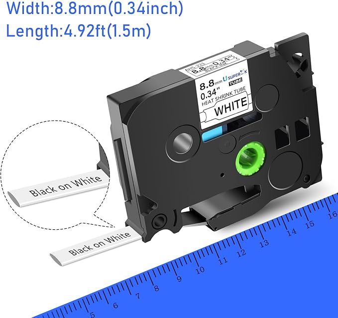 10PK Compatible for Ptouch HSe-221 HSe221 HS-221 HS221 Black on White 8.8mm 0.34'' Heat Shrink Tubing for Wire Cable for PT-D200 PT-D215e PT-D201 PT-D210 Label Maker Tape