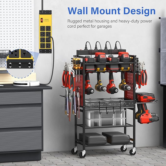 CCCEI Magnetic Heavy Duty Power Strip Surge Protector 20Amp, 12 Gauge High Amp Extension Outlets, Garage Wall Mount 8 Plug Metal Power Strip. 10FT, Yellow, 5-15P Adapter 6-20R T-Slot 20a for Appliance