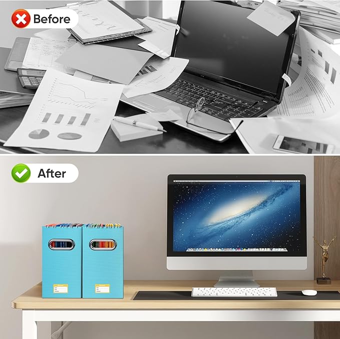 BALEINE File Organizer Box, Cardboard File Folder Organizer with Handle for Letter Size, Portable Collapsible Hanging Filing Box for Home Office Document Storage (4 Pack, Blue)