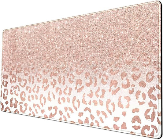 Desk Mat XXL Mouse pad, Pink Rose Gold Leopard Print Office Supplies and Accessories Decor for Women 31.5X15.75in,Stitched Edges Smooth Non-Slip Bottom, Large pad