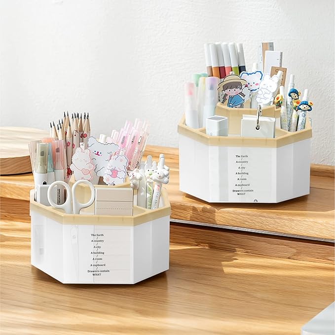 Desk Organizer, 360-Degree Rotating Multi-Functional Pen Holder, 5 Compartments Desktop Stationary Organizer, Home Office Art Supply Storage Box Caddy
