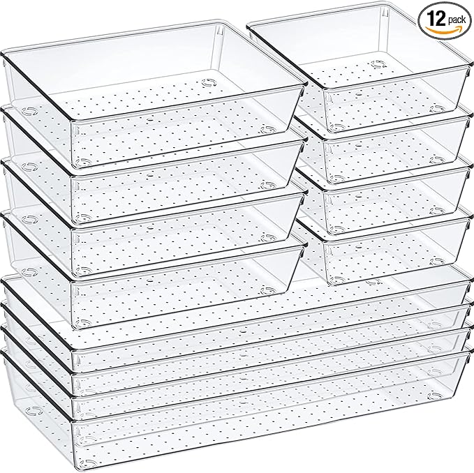 12 Pack Clear Plastic Drawer Organizer Set, Acrylic Non Slip Non Cracking Kitchen Drawer Storage Tray Large Size Divider, Multifunctional Storage for Cosmetics, Bathroom, Tools, Kitchen and Office