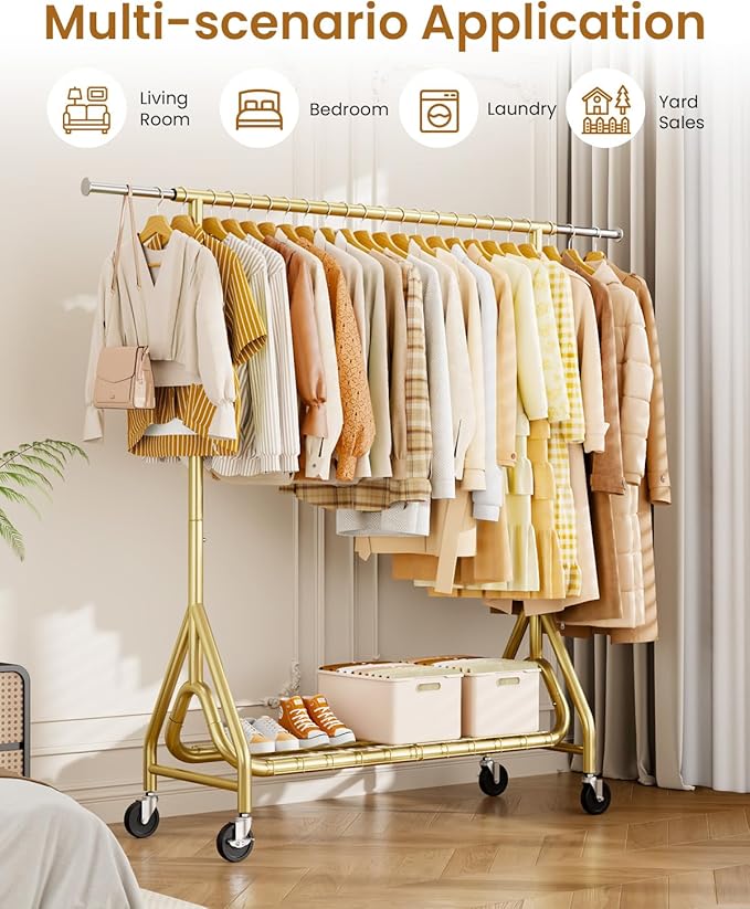 Heavy Duty Clothes Rack, Metal Clothing Rack Load 450 LBS, Rolling Coat Racks for Hanging Clothes with Lockable Wheels, Wardrobe Closet Garment Racks for Bedroom, Gold
