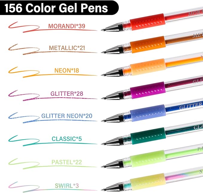 Gel Pens for Adult Coloring Book, 312 Pack Artist Colored Pens with 40% More Ink, Glitter Gel Pens with Case and Coloring Book, Perfect Art Supplies for Adults Kids for Coloring