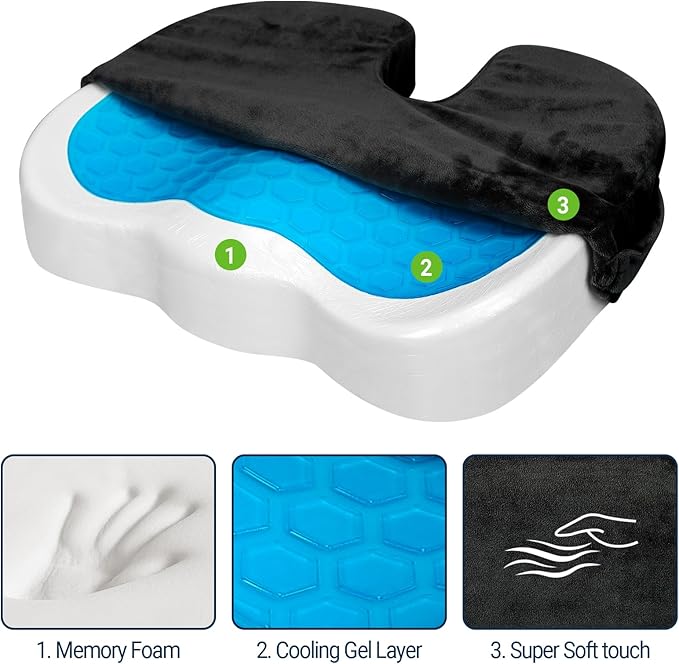 Gel Seat Cushion for Car Office - Memory Foam Pain Relief Chair Pillow Cushions - Tailbone Sciatica Coccyx Butt Lumbar Support Pad for Sitting Driving Traveling, Velvet, Black