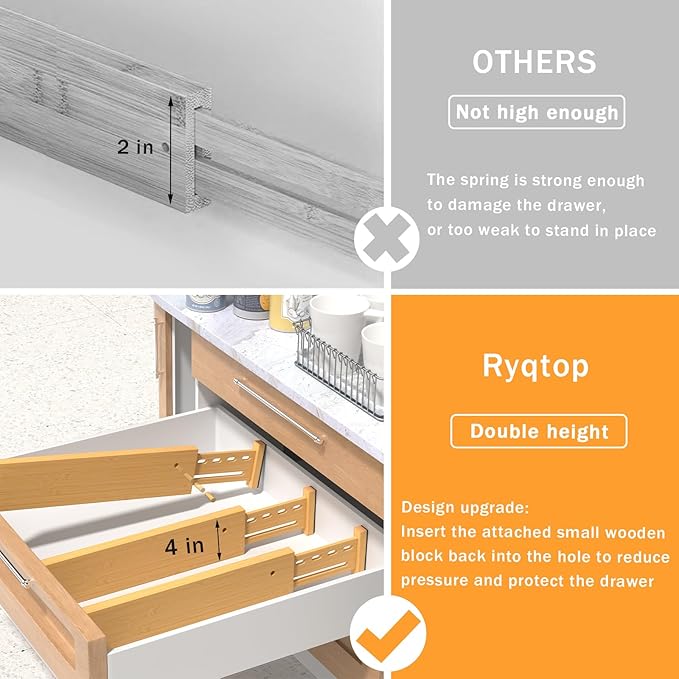 Bamboo Drawer Dividers 4" High, 12.8-18" Adjustable Drawer Organizers for Clothes,Expandable Dresser Separators in Bedroom/Kitchen/Bathroom/Office Organization and Storage,6 Pack