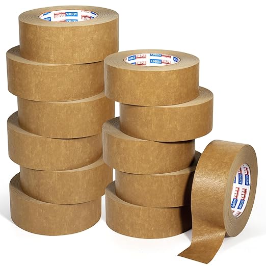 ADHES Heavy Duty Kraft Paper Tape, 7.5mil, 2 Inch x 55 Yards x 12 Rolls, Biodegradable Paper Packing Tape Writable & Uncoated Brown Packing Tape for Shipping, Moving, Sealing