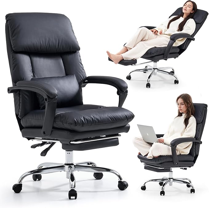 EMIAH Office Chair with Foot Rest, Ergonomic Executive Office Chair with Arms, Reclining High Back PU Leather Comfy Swivel Computer Desk Chairs with Wheels and Lumbar Support for Home Office, Black