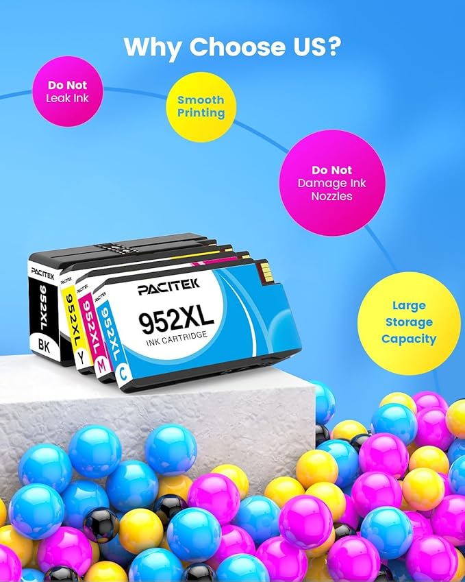 952XL Ink Compatible for Hp 952XL Ink Cartridges Combo Pack 952 XL Work for Hp Officejet Pro 8710 8702 7720 7740 8700 8715 8210 Printers (Black/Cyan/Magenta/Yellow)