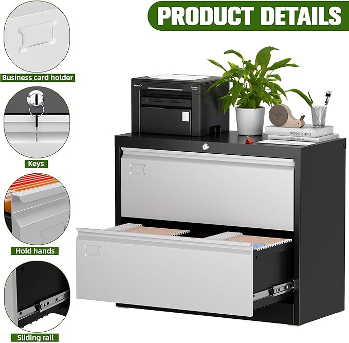 Aobabo 2 Drawer Lateral File Cabinet, Metal Filing Cabinet with Lock, Suitable for Home Office School Hanging Files Letter/Legal/F4/A4 Size,Multi,Required-Assembly