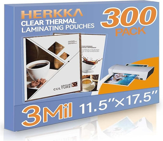HERKKA 300 Pack Laminating Sheets, Hold 11 x 17 Inch Sheet, 3 Mil Clear Thermal Laminating Pouches 11.5 x 17.5 Inch Lamination Sheet Paper for Laminator, Round Corner