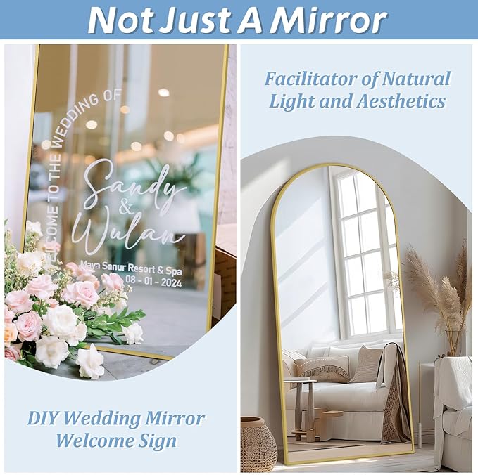 Arched Full Length Mirror, 71"X32" Free Standing Mirror Full Length, Large Floor Mirror with Stand for Bedroom Living Room Gym, Hanging or Leaning, Tempered Glass, Gold