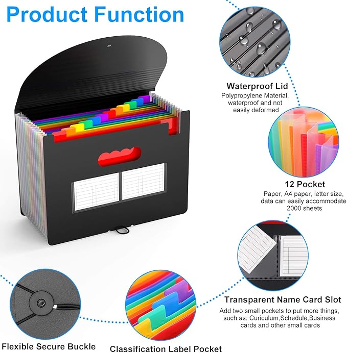3 Pack Expanding File Folder with Blank Label, 12 Pocket Accordian File Organizer Document Storage Organizer, Desktop Accordion Folders File Keeper A4 Letter Size for Home School Office
