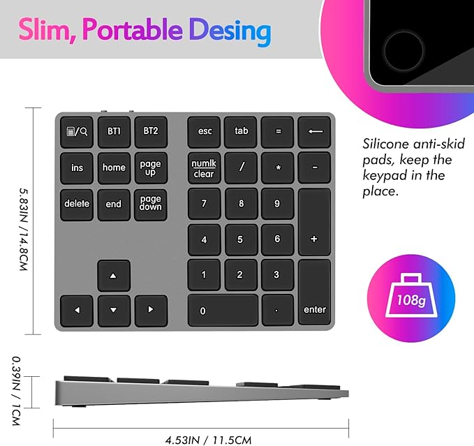 Foloda Bluetooth Number Pad for Laptop, Wireless 10 Keys USB Number Keypad, Rechargeable Numeric Keypad Numpad Extensions Data Entry Keyboard for PC iMac MacBook Notebook