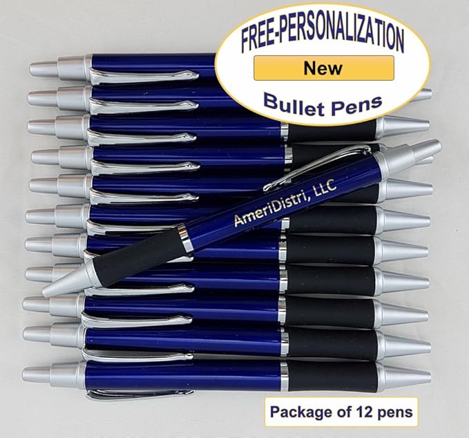 ezpencils - Personalized - Elegant Tip and Click Silver Accents on Blue Solid Color Body and Black Grip - Bullet Ballpoint Pens - 12 pkg - ** FREE PERZONALIZATION **