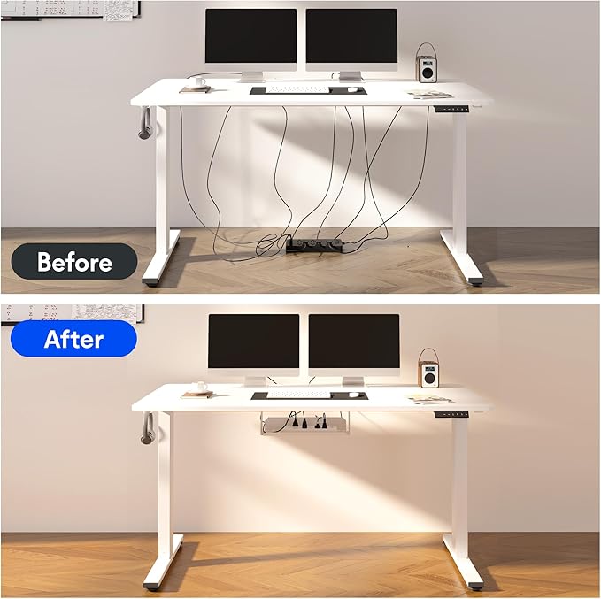 FLEXISPOT EN2 Whole-Piece Standing Desk with Clamp Power Strip, 55 x 28 Electric Stand Up Height Adjustable Desk with Cable Management (White Frame + 55" Gray Wood Grain Top,2 Packages)