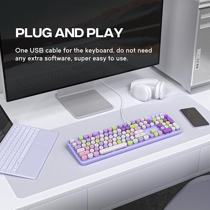 Computer Wired Keyboard, Plug Play USB Full-Size Keyboard with Large Number Pad, Caps Indicators, Foldable Stands, for Windows 7/8/10 PC Laptop (Purple Colorful)