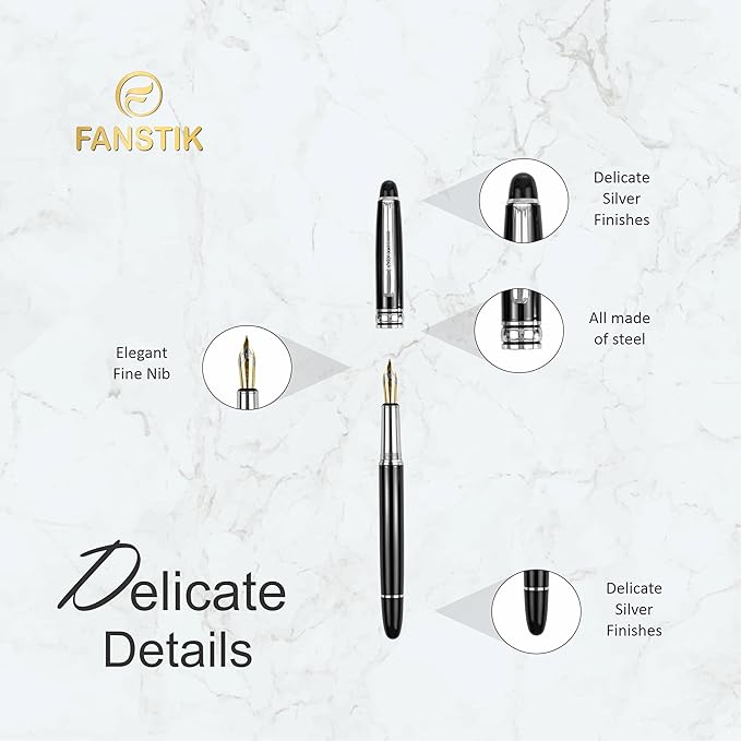 Customized Fountain pen with name (MADE IN USA), stainless steel, black and Silver, luxury engraved pen personalized for men and for women. (Fountain Black-Silver)