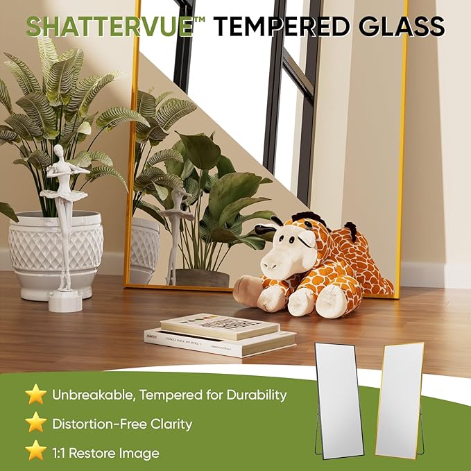 Full-Length Floor Mirror with Stand, 71"x32" Rectangle Style Full Body Standing Mirror for Bedroom, Living Room, Gym, Dorm - Shatter-Resistant & Easy Assembly, Gold