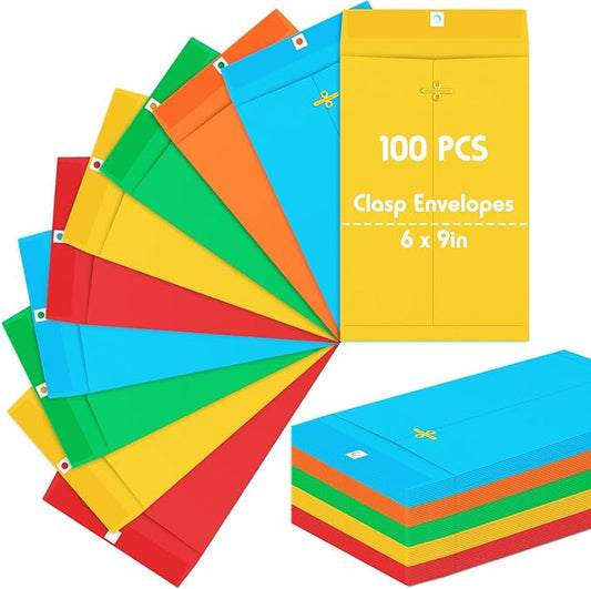 Geyee 100 Pcs Clasp Manilla Envelopes 6 x 9 Inch Gummed Colored Envelopes for Storing or Mailing for Home Office Business Supplies(Multicolor)
