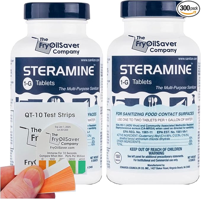 2 Bottles Steramine Sanitizer Tablet 15xQT-10 Test Strip, Multi Purpose Steramine Sanitizing Tab for Food Contact Surface Kitchen, Restaurant, Diner & Food Service by FryOilSaver Co. (300 Tablets)