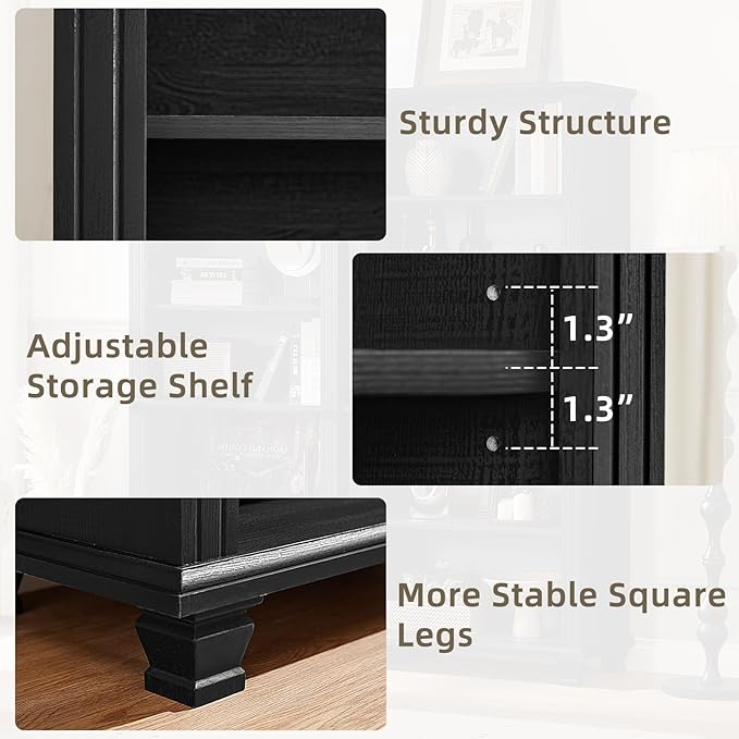 70" Tall Black Bookshelf,5 Tier Wooden Book Shelf with Adjustable Shelves & Wood Legs,Free Standing Farmhouse Bookcase with Open Display Storage,Vintage Bookshelves for Living Room,Office