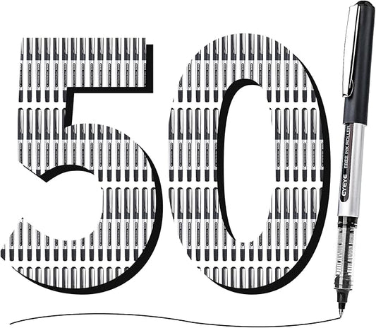 EYEYE Rollerball Pens 0.5mm Black 50 Pack, Extra Fine Point Quick Dry Liquid Ink Roller Ball Pens Fine Point Smooth Writing Pen for Journaling, Note Taking, Office, School Supplies