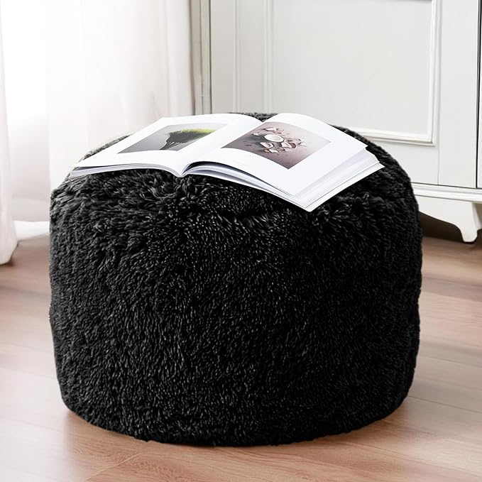 HIGOGOGO Round Stuffed Pouf Ottoman, Long Faux Fur Poufs with Foam Chunk Filling, Fluffy and Furry Pouf Foot Stool Storage Ottoman, 20 X 15 Floor Poufs Foot Rest for Living Room, Black