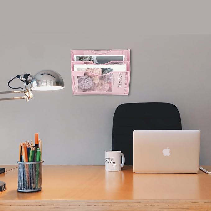 EASEPRES 3 Pocket Mesh Hanging Wall File Organizer, Wall Mounted Mail Paper Document Folder Holder, Clipboard Storage Organization Magazine Rack with Nametag Label for Office Home School, Pink