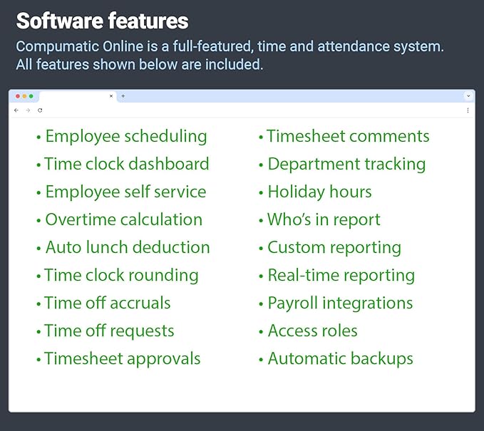 COMPUMATIC Biometric Fingerprint Time Clock with Online Cloud Hosted Software, Automatic Real-Time Punch Upload with WiFi or Wired Ethernet Connection