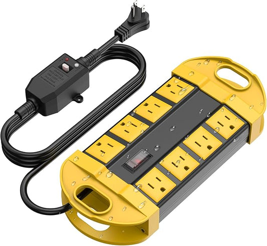 CCCEI GFCI Outdoor Power Strip Weatherproof with 8 AC, Waterproof Extension Cord with Multiple Outlets, Wall Mount Surge Protector Flat Plug, Christmas Exterior Garden, Yard, 15FT, Yellow.