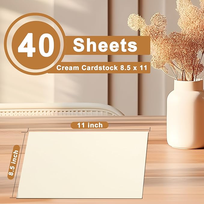 40 Sheets Cream Cardstock 8.5 x 11 Off White Paper, 200gsm/75lb Ivory Card Stock Certificates Paper for DIY Cards Making, Business Cards, Invitations, School Crafting, Menus, Office Printing