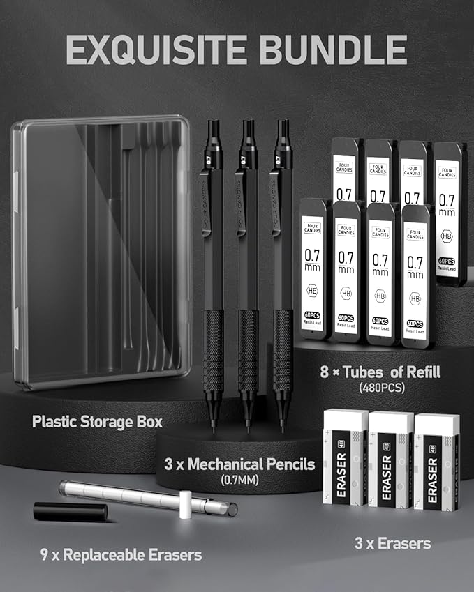 Four Candies Mechanical Graphite Pencil Set, 3pcs Black Metal Pencils with Anti-Skid Grip, Ideal for Artists, Professionals, Teachers and Students