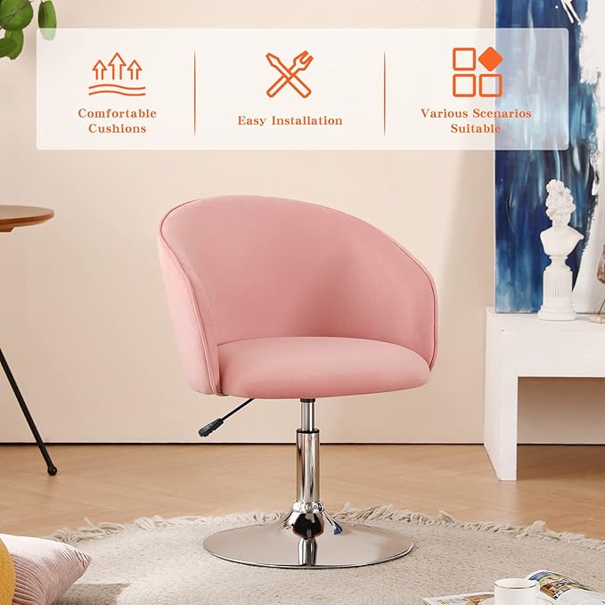Furnimart Velvet Vanity Chair with Chrome Frame, Height Adjustable & Swivel, Pink - Living Room, Bedroom, Office